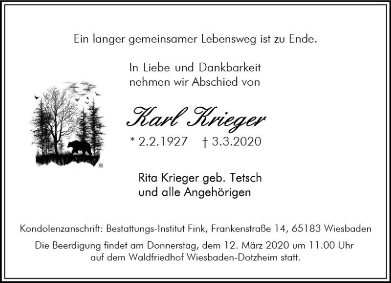 Traueranzeige für Karl Krieger vom 07.03.2020 aus vrm-trauer