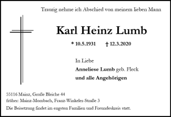 Traueranzeige von Karl Heinz Lumb von vrm-trauer