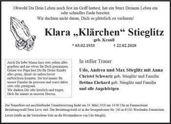 Traueranzeige von Klara Stieglitz von vrm-trauer