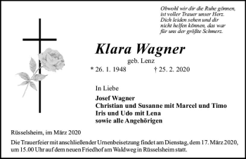 Traueranzeige von Klara Wagner von vrm-trauer