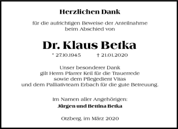 Traueranzeige von Klaus Betka von vrm-trauer
