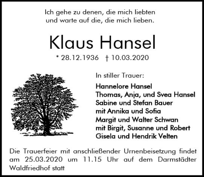  Traueranzeige für Klaus Hansel vom 14.03.2020 aus vrm-trauer