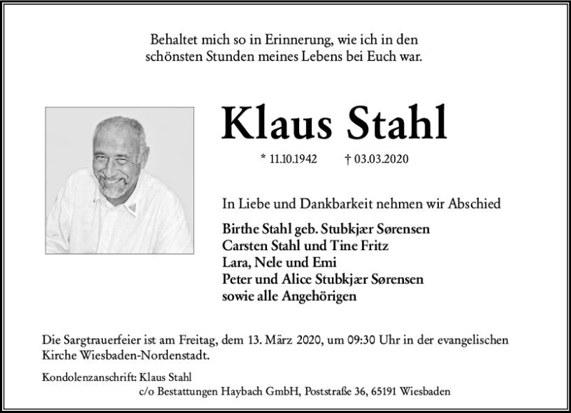  Traueranzeige für Klaus Stahl vom 07.03.2020 aus vrm-trauer