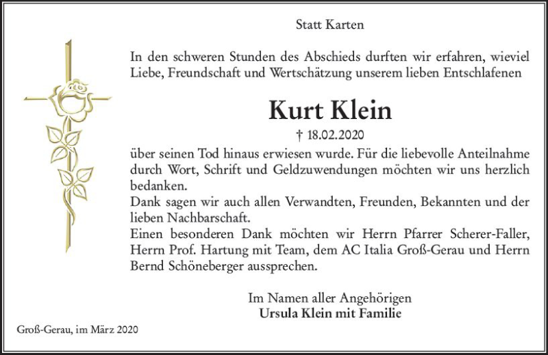  Traueranzeige für Kurt Klein vom 21.03.2020 aus vrm-trauer