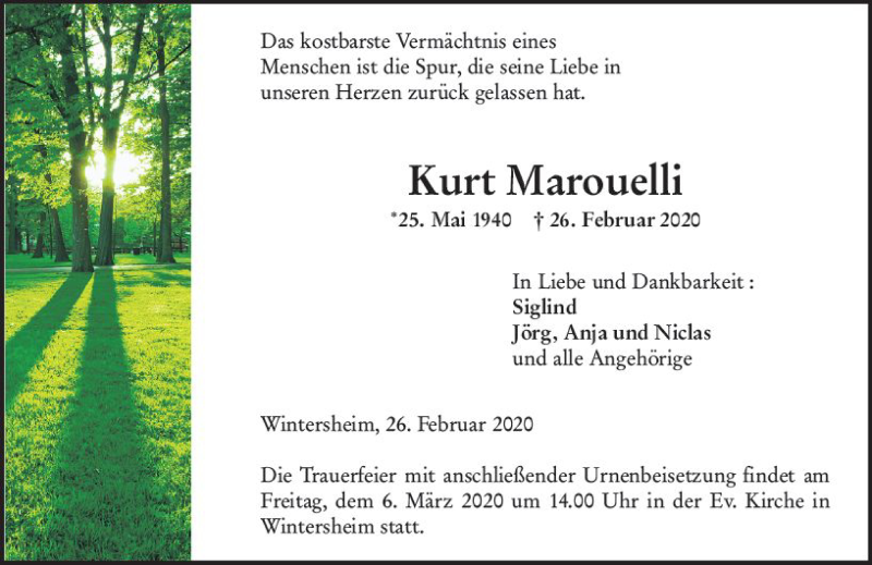  Traueranzeige für Kurt Marouelli vom 04.03.2020 aus vrm-trauer