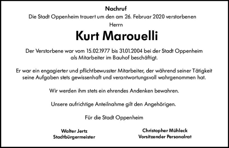  Traueranzeige für Kurt Marouelli vom 11.03.2020 aus vrm-trauer