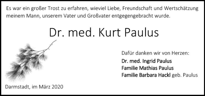  Traueranzeige für Kurt Paulus vom 14.03.2020 aus vrm-trauer