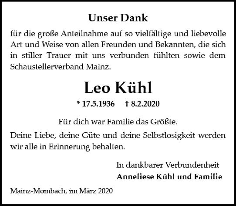  Traueranzeige für Leo Kühl vom 14.03.2020 aus vrm-trauer