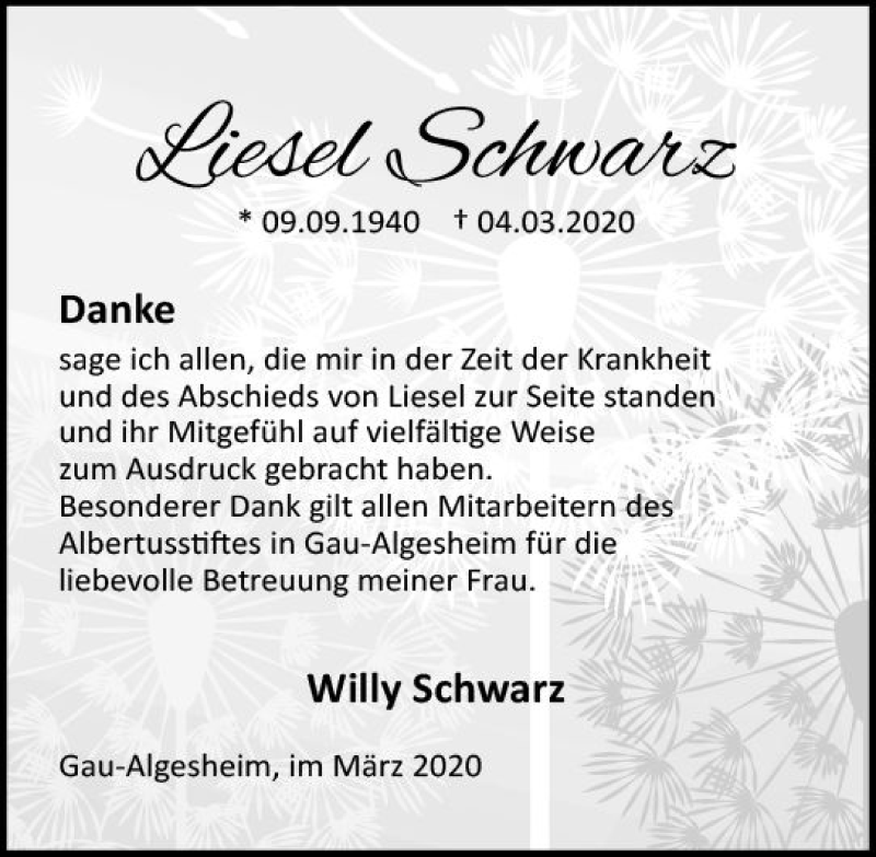  Traueranzeige für Liesel Schwarz vom 19.03.2020 aus vrm-trauer
