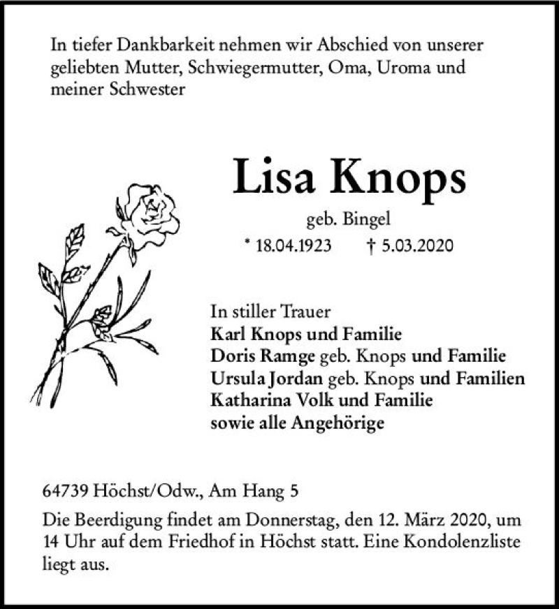  Traueranzeige für Lisa Knops vom 10.03.2020 aus vrm-trauer