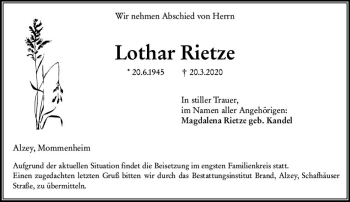 Traueranzeige von Lothar Rietze von vrm-trauer