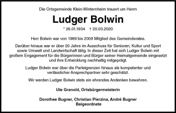 Traueranzeige von Ludger Bolwin von vrm-trauer