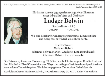Traueranzeige von Ludger Bolwin von vrm-trauer
