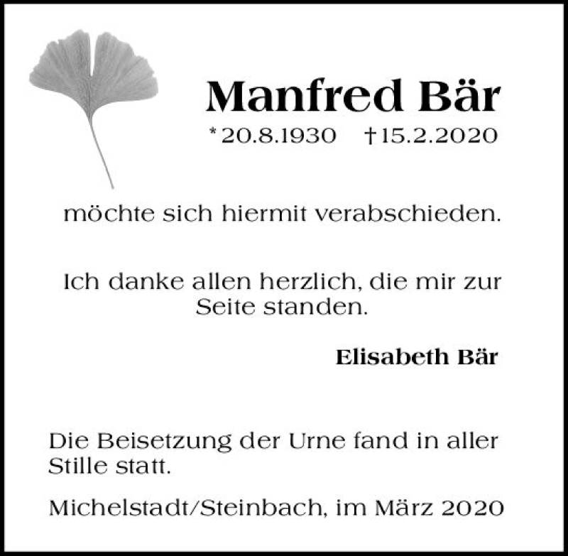  Traueranzeige für Manfred Bär vom 07.03.2020 aus vrm-trauer