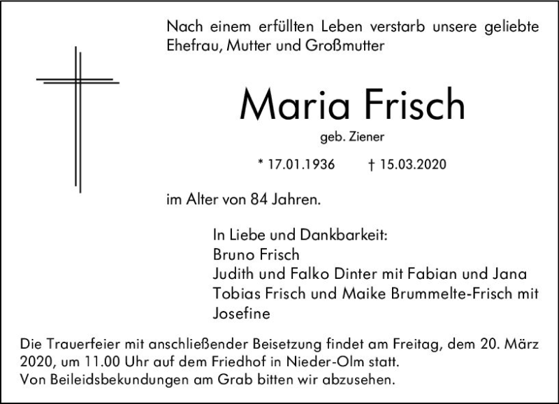  Traueranzeige für Maria Frisch vom 18.03.2020 aus vrm-trauer