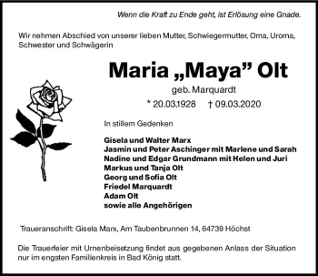 Traueranzeige von Maria Olt von vrm-trauer