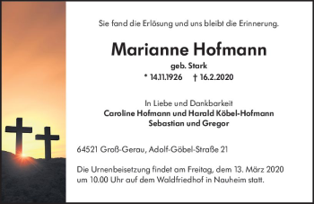 Traueranzeige von Marianne Hofmann von vrm-trauer