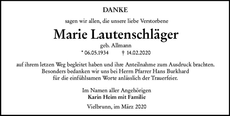  Traueranzeige für Marie Lautenschläger vom 07.03.2020 aus vrm-trauer