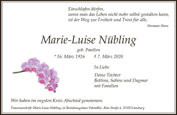 Traueranzeige von Marie-Luise Nübling von vrm-trauer