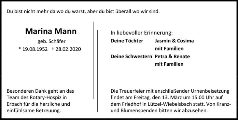  Traueranzeige für Marina Mann vom 07.03.2020 aus vrm-trauer