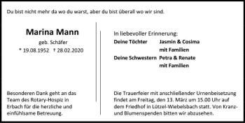 Traueranzeige von Marina Mann von vrm-trauer