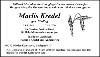 Traueranzeige von Marlis Kredel von vrm-trauer