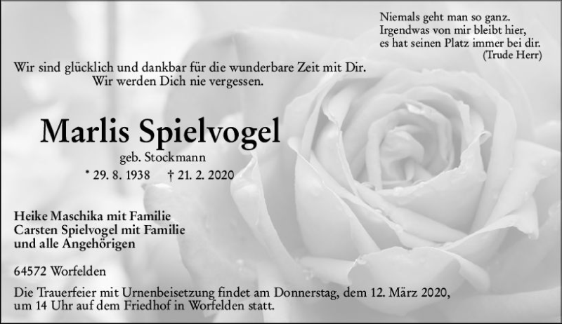  Traueranzeige für Marlis Spielvogel vom 07.03.2020 aus vrm-trauer