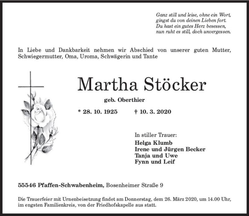  Traueranzeige für Martha StöckeR vom 21.03.2020 aus vrm-trauer