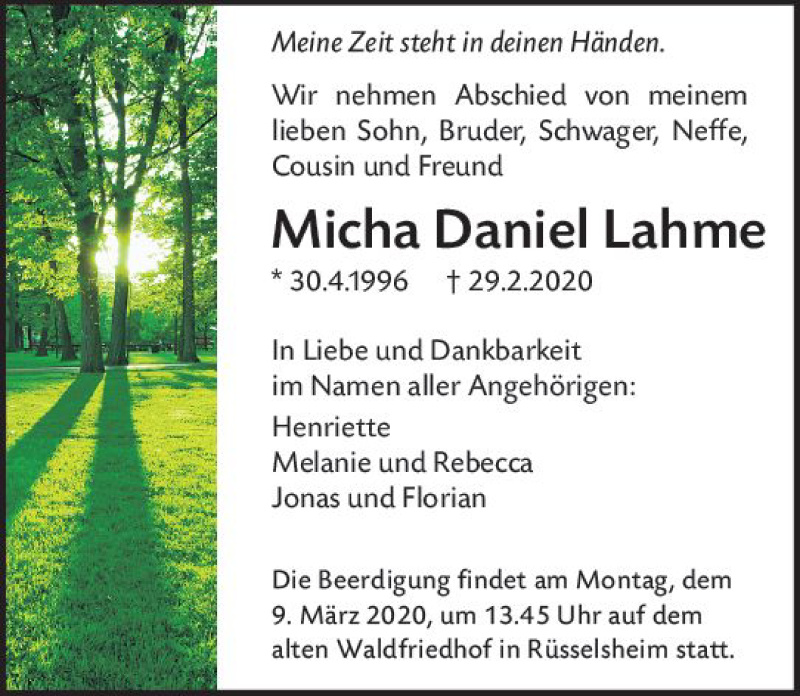  Traueranzeige für Micha Daniel Lahme vom 05.03.2020 aus vrm-trauer