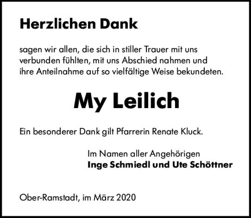  Traueranzeige für My Leilich vom 07.03.2020 aus vrm-trauer