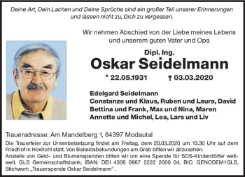 Traueranzeige von Oskar Seidelmann von vrm-trauer
