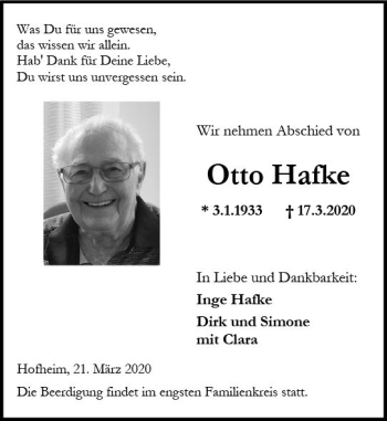 Traueranzeige von Otto Hafke von vrm-trauer