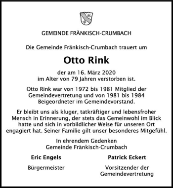 Traueranzeige von Otto Rink von vrm-trauer