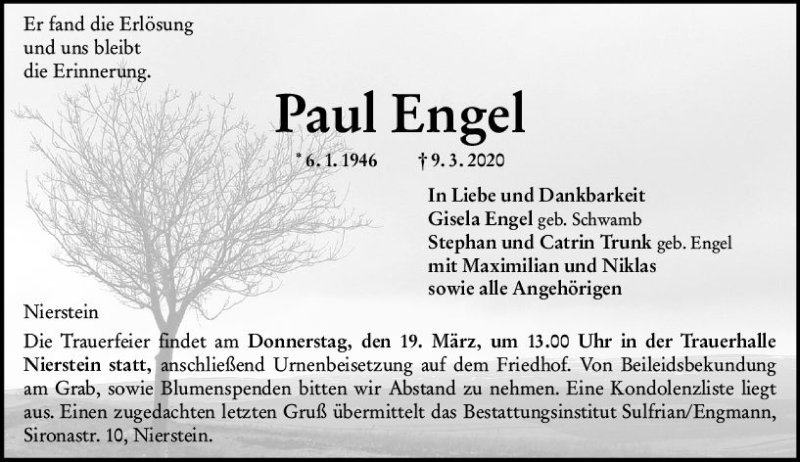  Traueranzeige für Paul Engel vom 14.03.2020 aus vrm-trauer