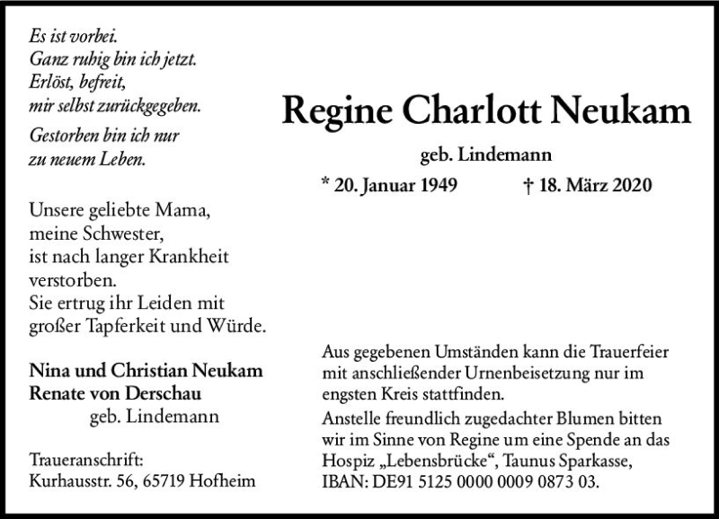  Traueranzeige für Regine Charlott Neukam vom 27.03.2020 aus vrm-trauer