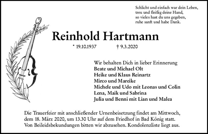  Traueranzeige für Reinhold Hartmann vom 14.03.2020 aus vrm-trauer