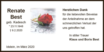 Traueranzeige von Renate Best von vrm-trauer
