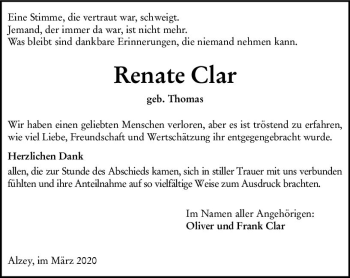 Traueranzeige von Renate Clar von vrm-trauer