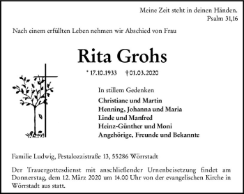 Traueranzeige von Rita Grohs von vrm-trauer