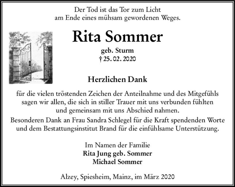  Traueranzeige für Rita Sommer vom 14.03.2020 aus vrm-trauer