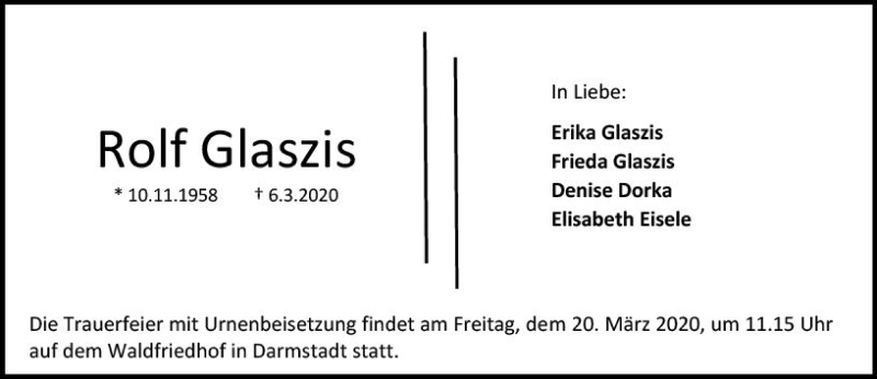  Traueranzeige für Rolf Glaszis vom 14.03.2020 aus vrm-trauer