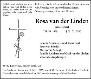 Traueranzeige von Rosa van der Linden von vrm-trauer