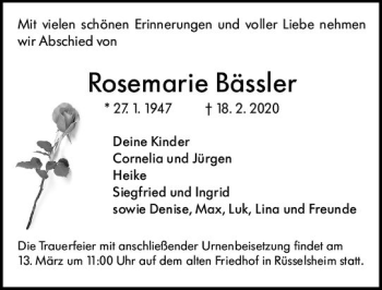 Traueranzeige von Rosemarie Bässler von vrm-trauer