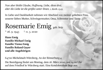Traueranzeige von Rosemarie Emig von vrm-trauer