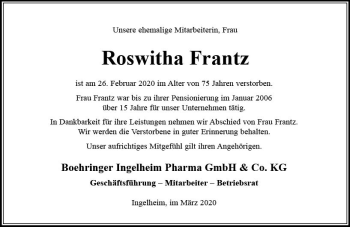 Traueranzeige von Roswitha Frantz von vrm-trauer