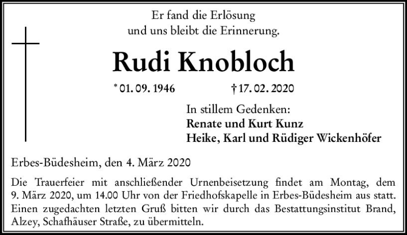  Traueranzeige für Rudi Knobloch vom 04.03.2020 aus vrm-trauer