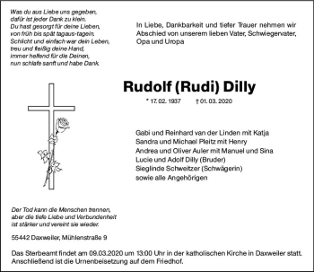 Traueranzeige von Rudolf  Dilly von vrm-trauer