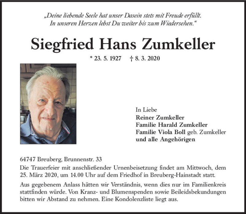  Traueranzeige für Siegfried Hans Zumkeller vom 23.03.2020 aus vrm-trauer