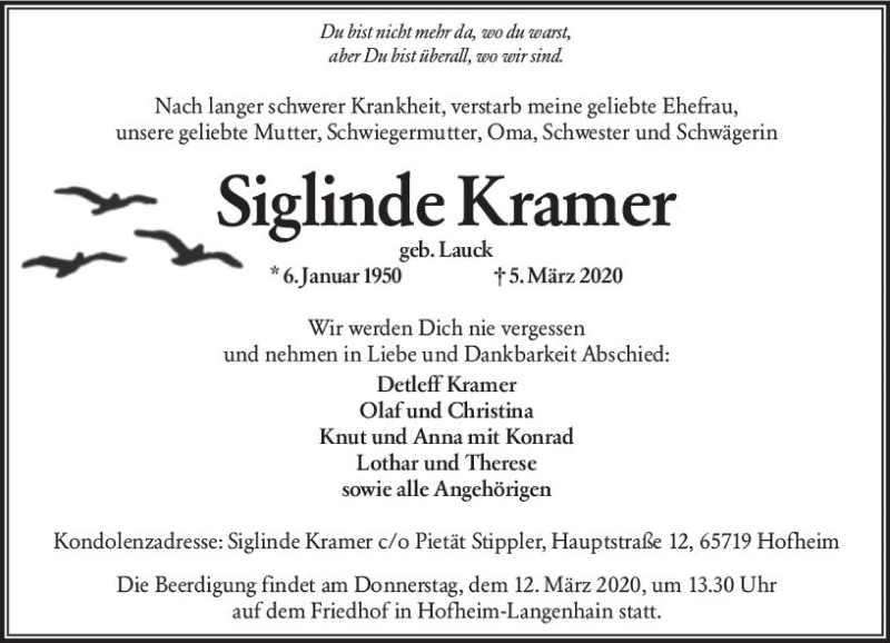  Traueranzeige für Siglinde Kramer vom 10.03.2020 aus vrm-trauer