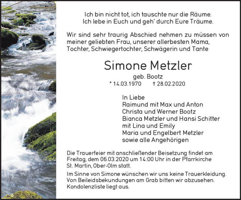  Traueranzeige für Simone Metzler vom 04.03.2020 aus vrm-trauer